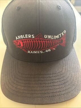 Anglers Unlimited Black Trucker Hat with Red Fish Embroidery
